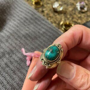 Turquoise and Sterling Silver Ring with Beaded Accents Sz 6